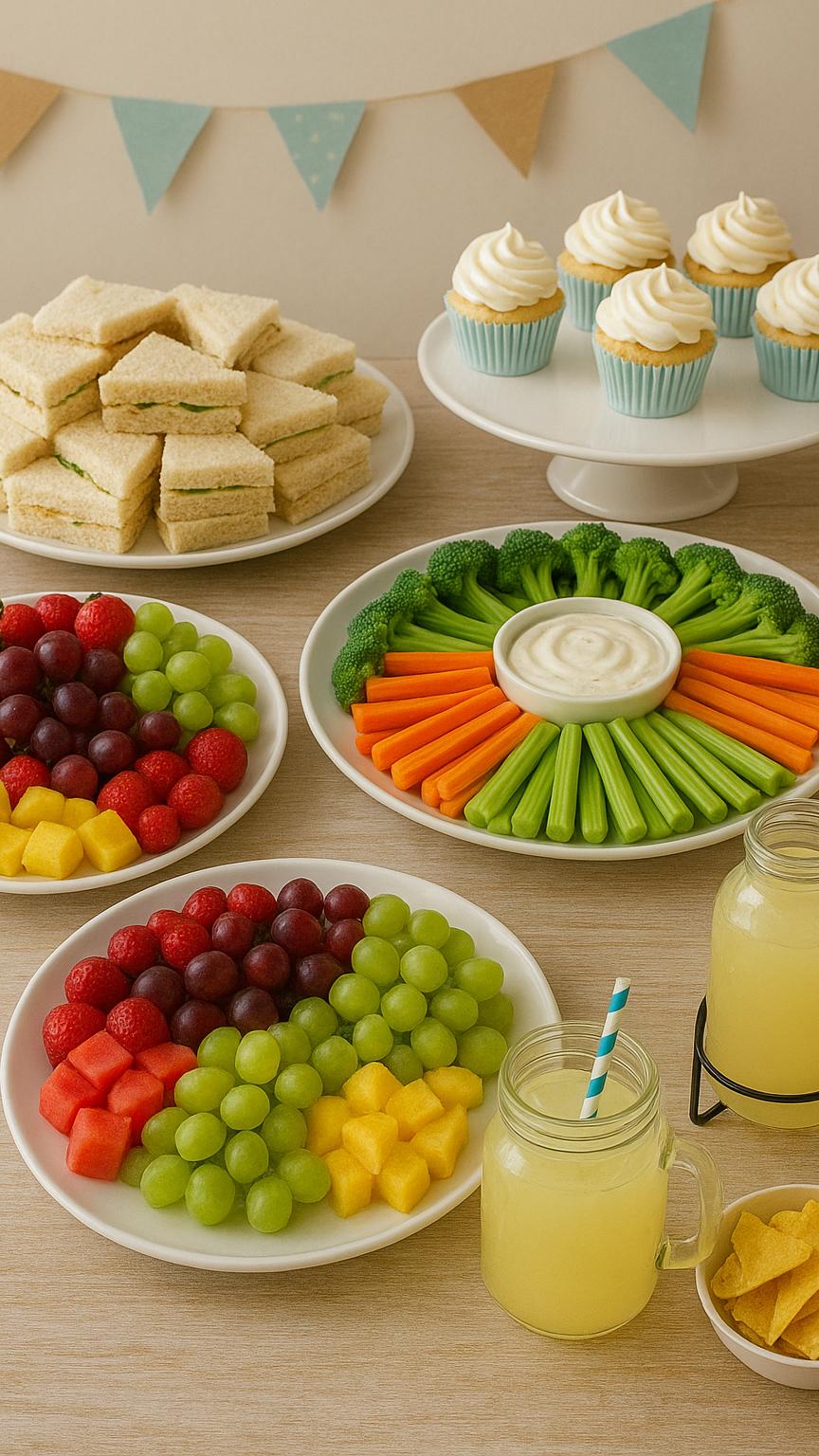 Baby shower food table with fresh fruit platters, vegetable tray with dip, sandwiches, cupcakes, and lemonade in mason jars.