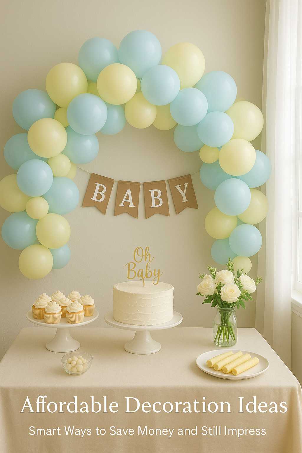 Affordable baby shower decoration ideas with pastel yellow and blue balloon arch, white cake with ‘Oh Baby’ topper, cupcakes, and fresh white flowers on a beige table