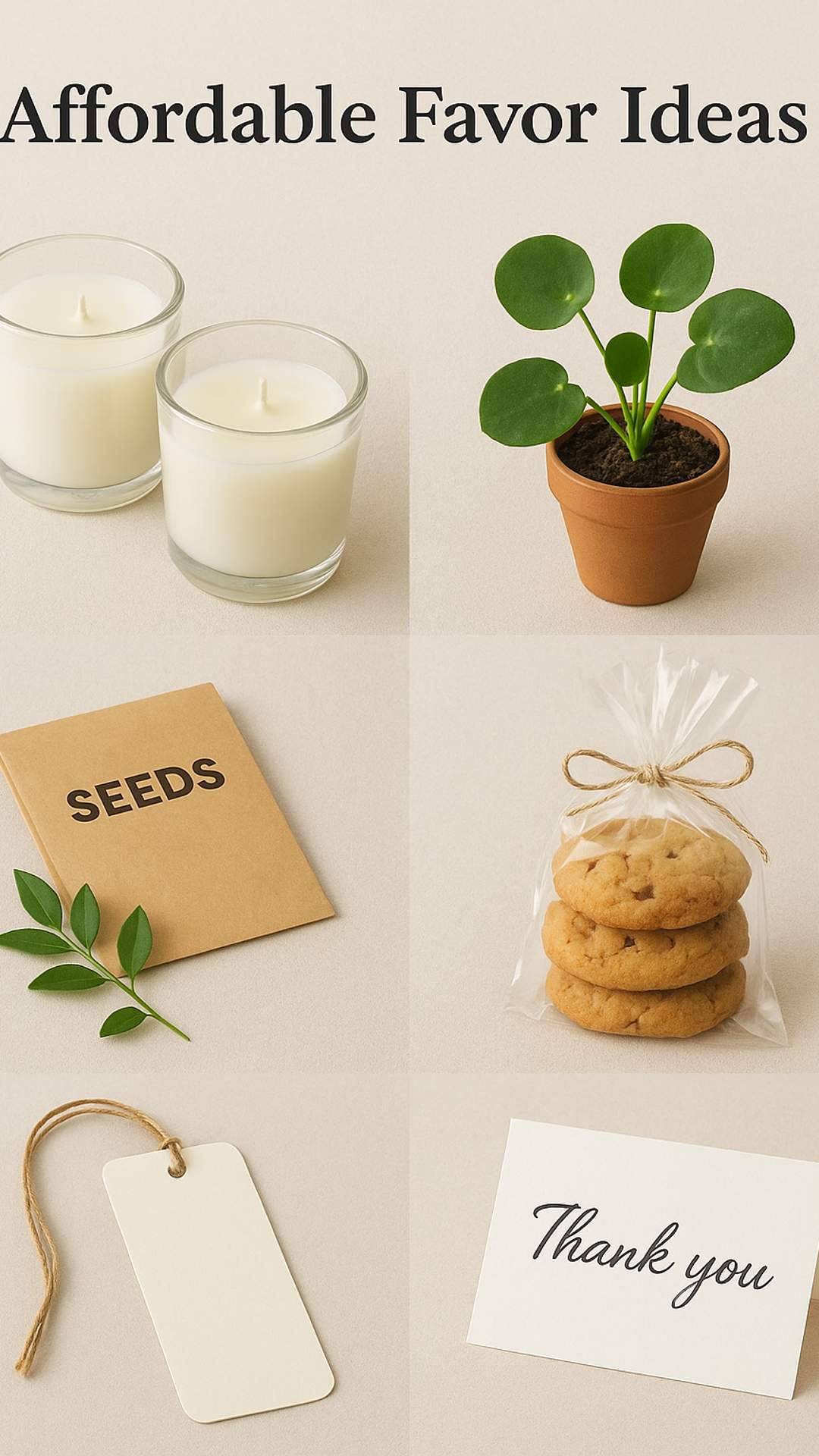 Affordable baby shower favor ideas including candles, potted plant, seed packet, cookies in a clear bag, gift tag, and thank-you card