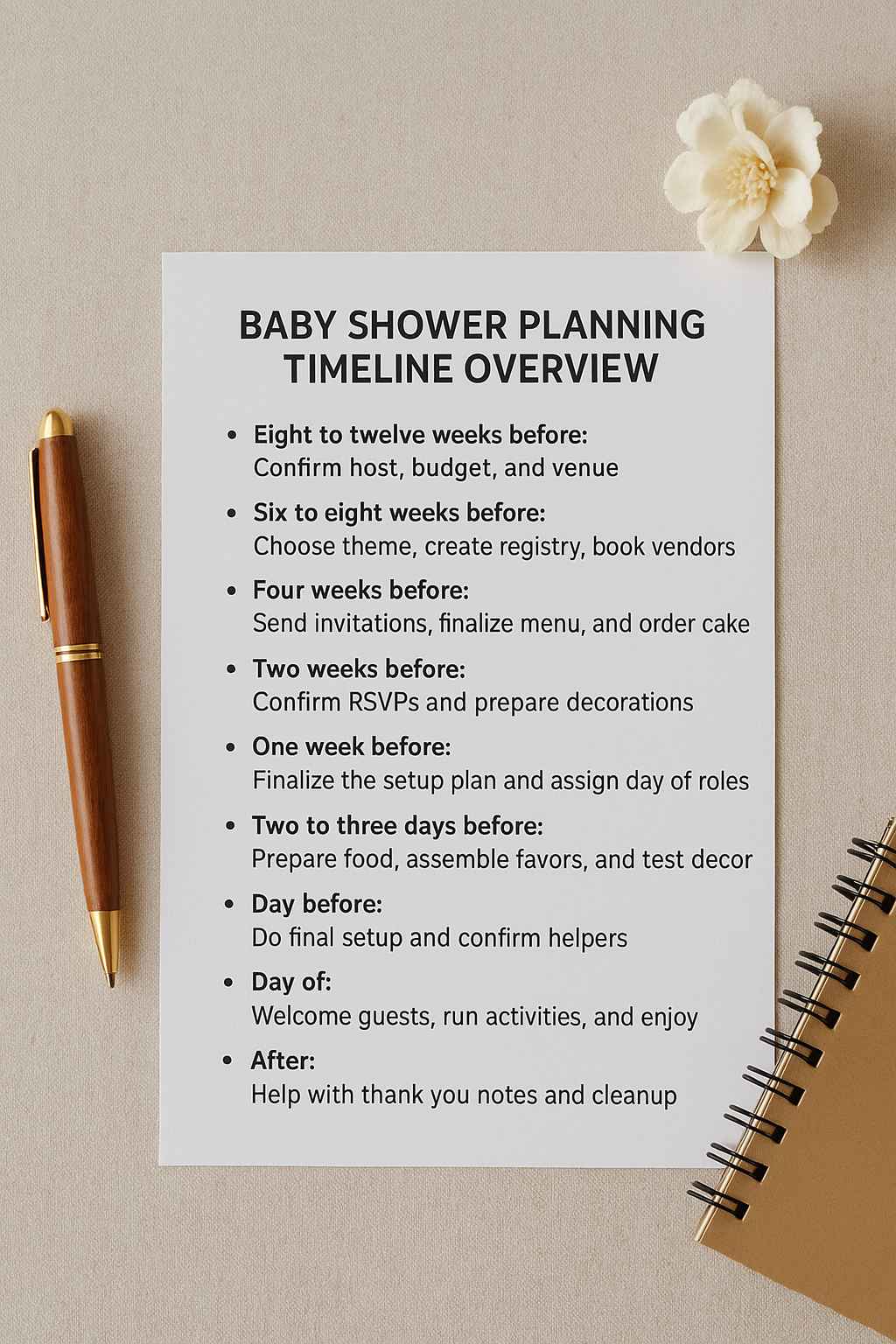 Baby shower planning timeline checklist on a table with a pen and flower includes week-by-week tasks such as confirming host, choosing theme, sending invitations, and final setup before the event