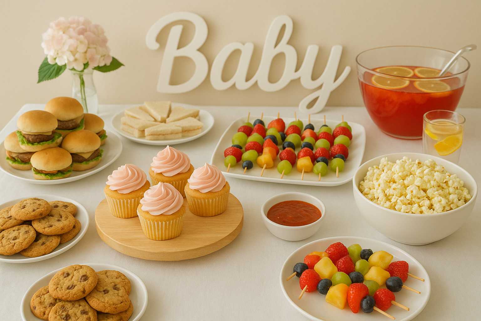 Baby shower food table with mini burgers, fruit skewers, cupcakes with pink frosting, cookies, popcorn, and red punch with lemon slices, decorated with a white ‘Baby’ sign