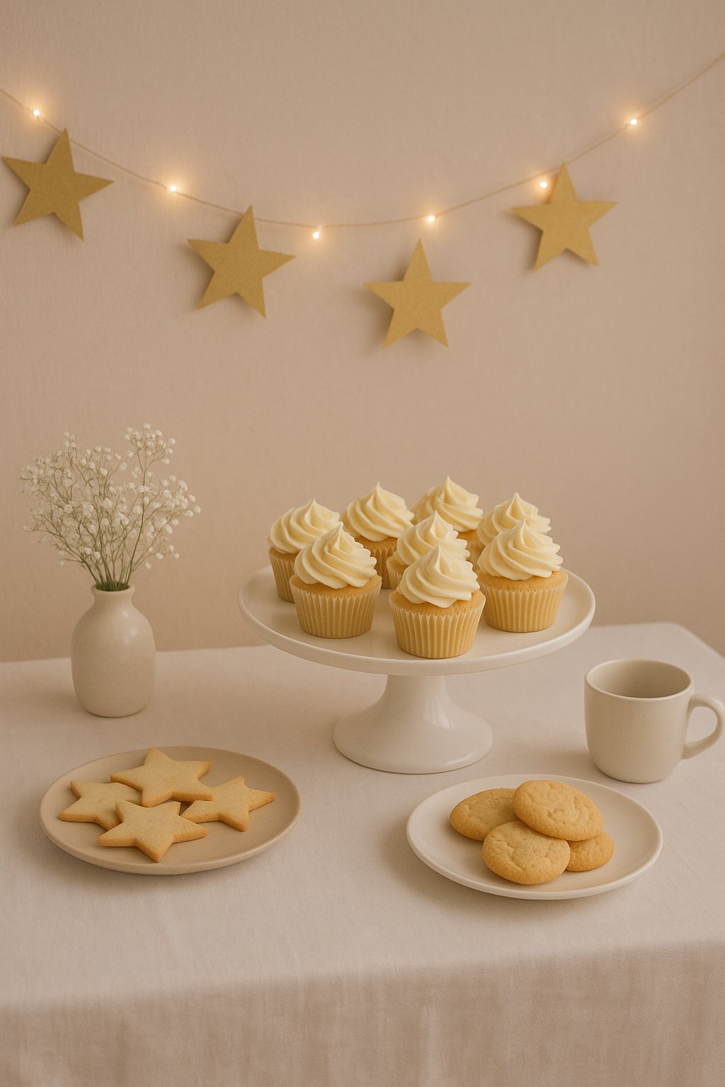 Baby shower dessert table with vanilla cupcakes, star-shaped cookies, and warm lighting with gold star decorations