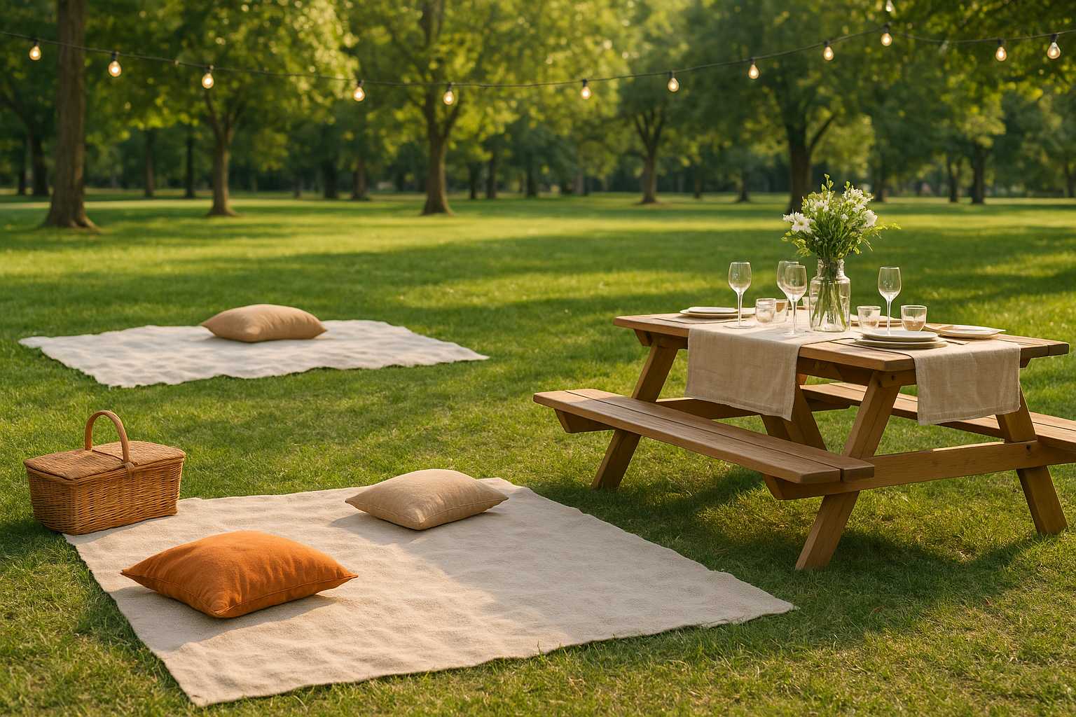 Outdoor baby shower picnic setup with decorated wooden table, string lights, picnic blankets, and cushions in a green park setting