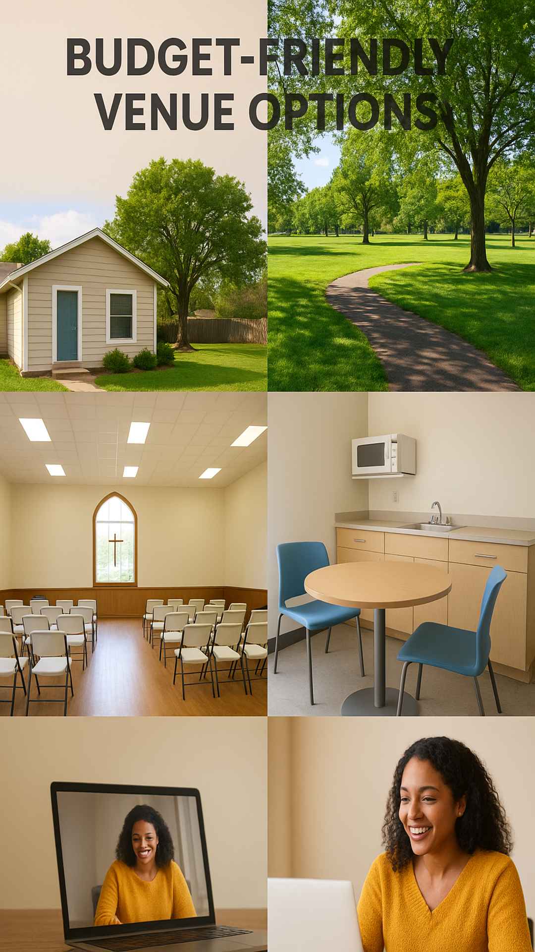 Budget-friendly baby shower venue options including a small house, public park, church hall, community room, and virtual celebration idea