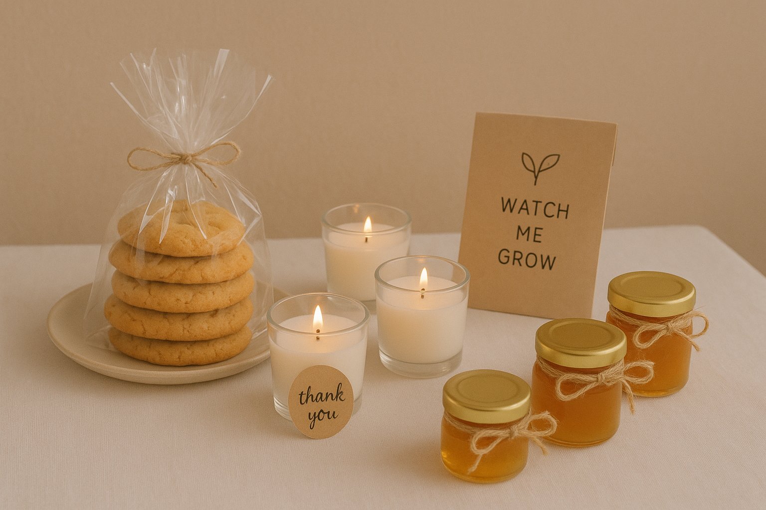 Elegant baby shower favor display with honey jars, thank-you candles, wrapped cookies, and a “Watch Me Grow” card on a neutral table setting.