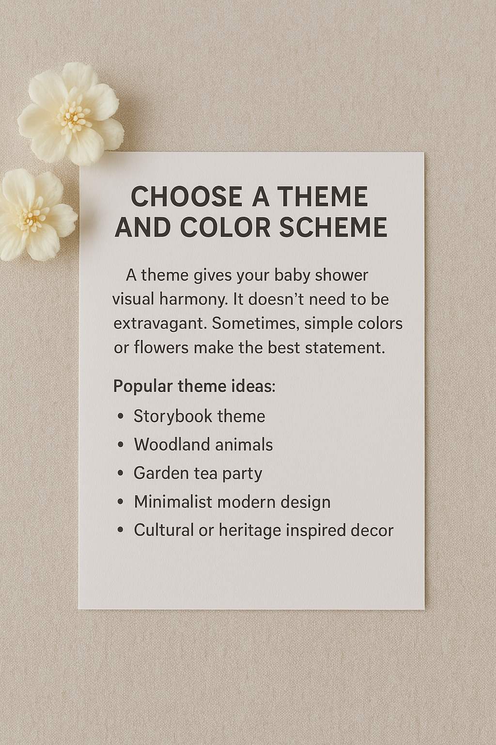 Baby shower planning idea showing how to choose a theme and color scheme with examples like storybook theme woodland animals garden tea party or minimalist modern decor