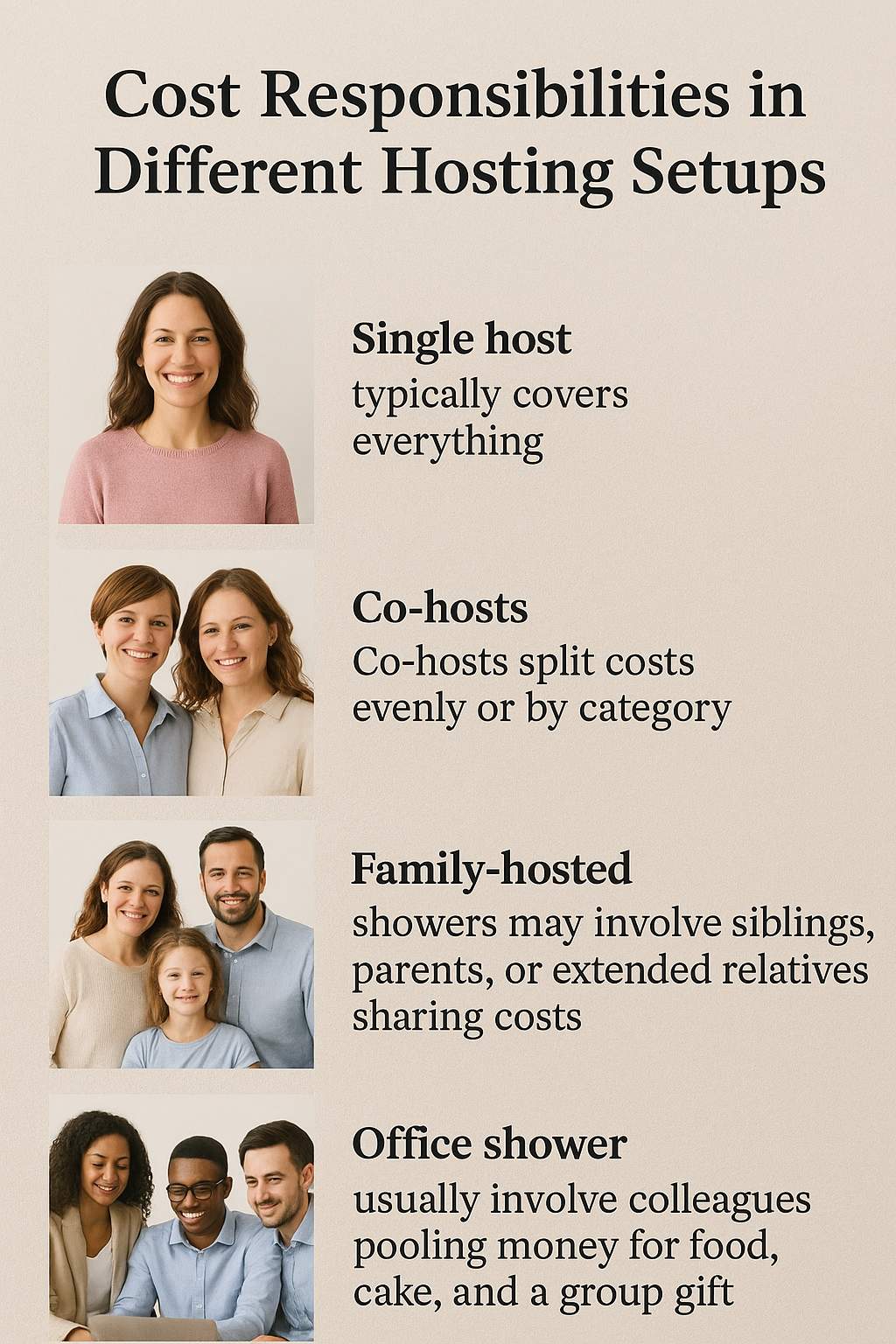 Cost-sharing options for events: single host, co-hosts, family-hosted, and office celebrations