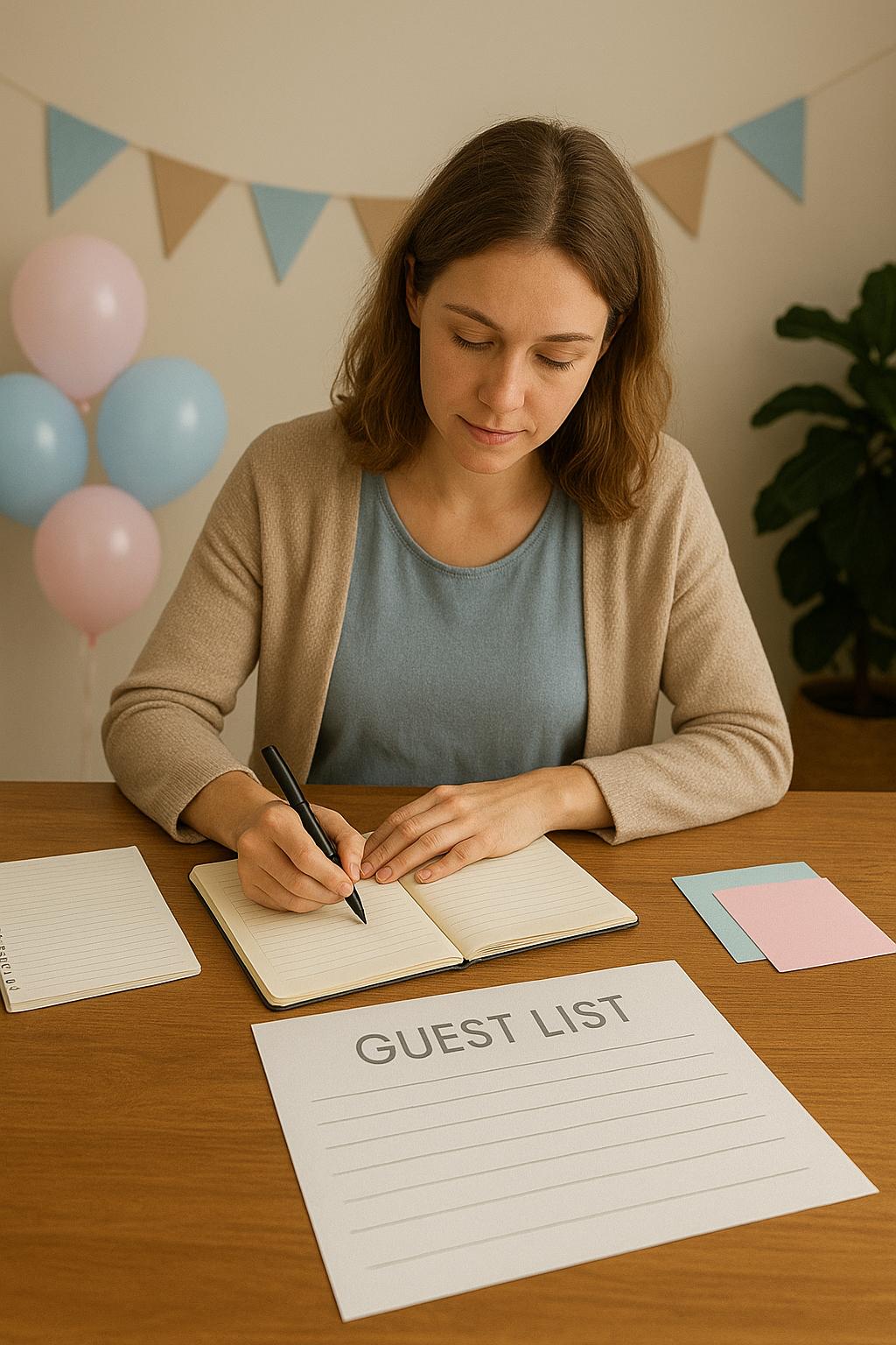 Baby shower planning checklist step showing how to create the guest list  includes deciding guest type such as women-only, coed celebration, or family gathering