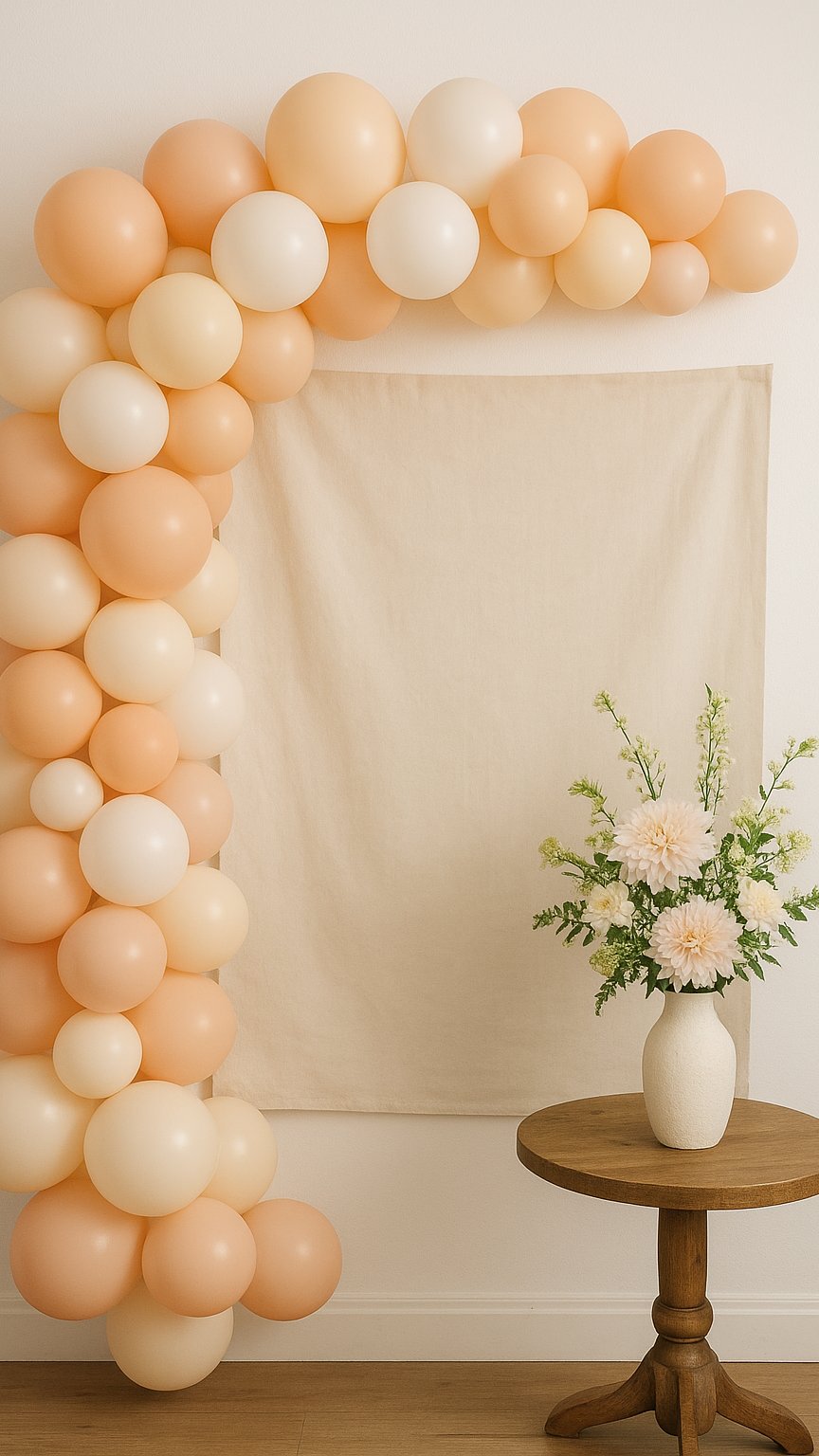 DIY party decorations: balloon garland, photo booth backdrop, fresh flowers, and minimalist theme