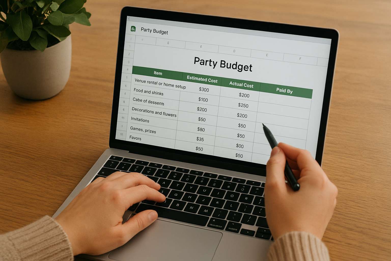 Person reviewing a party budget spreadsheet on a laptop showing estimated and actual costs for venue, food, decorations, and favors event planning and budgeting concept