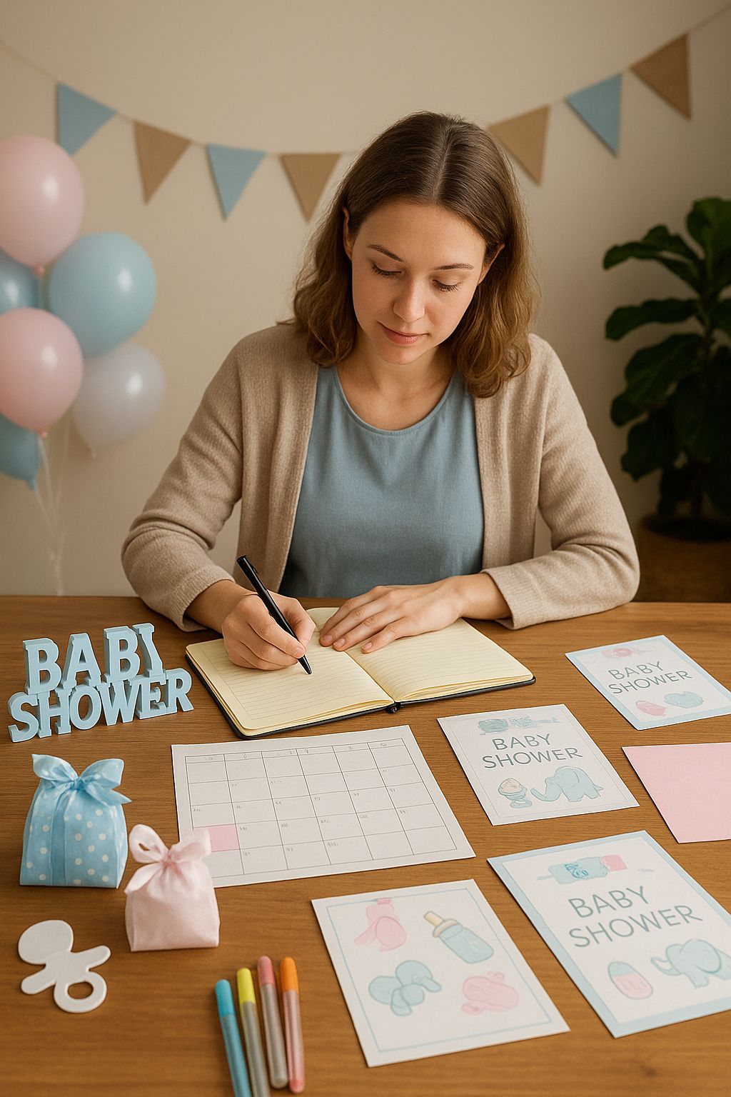 Woman planning a baby shower at home with invitation cards, calendar, and decorations on the table.