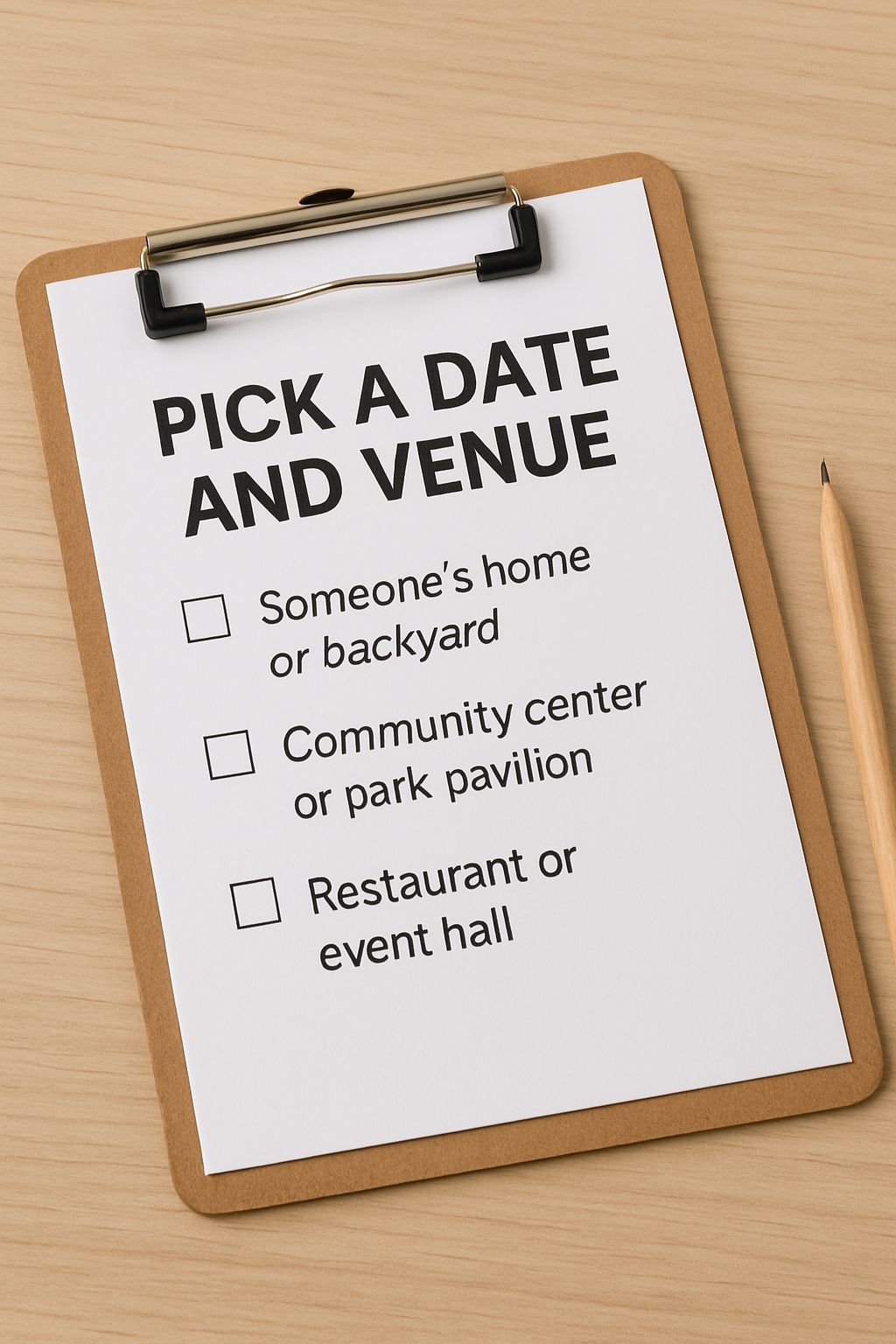 Checklist on clipboard with options for baby shower venue including home, community center, or restaurant  event planning and date selection concept