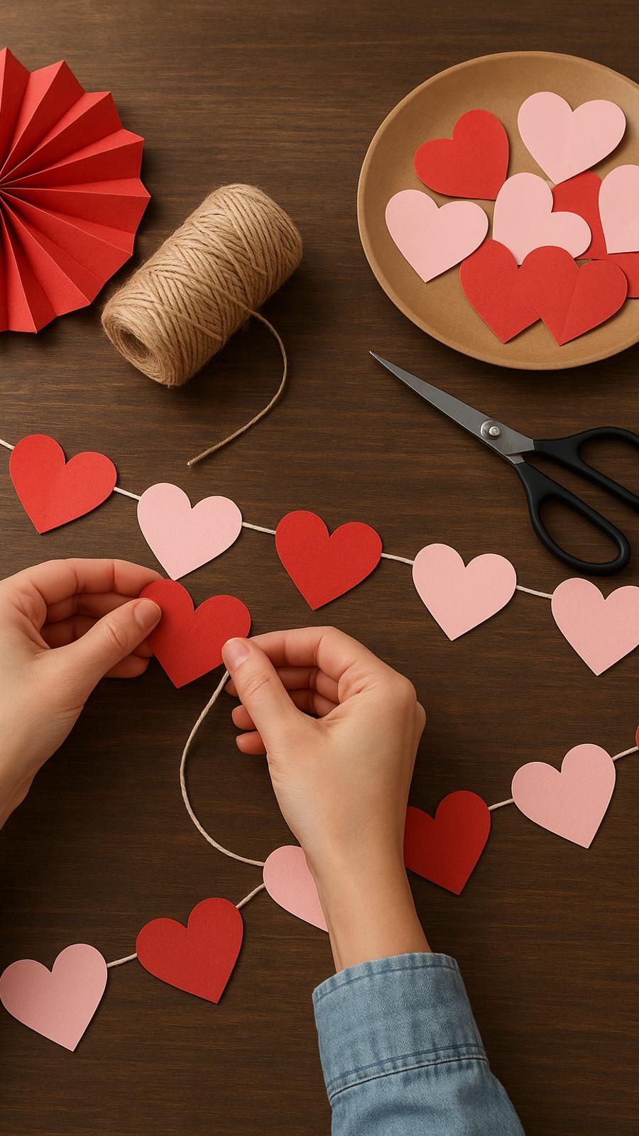 DIY baby shower decoration with red and pink paper hearts being strung together using twine on a wooden table