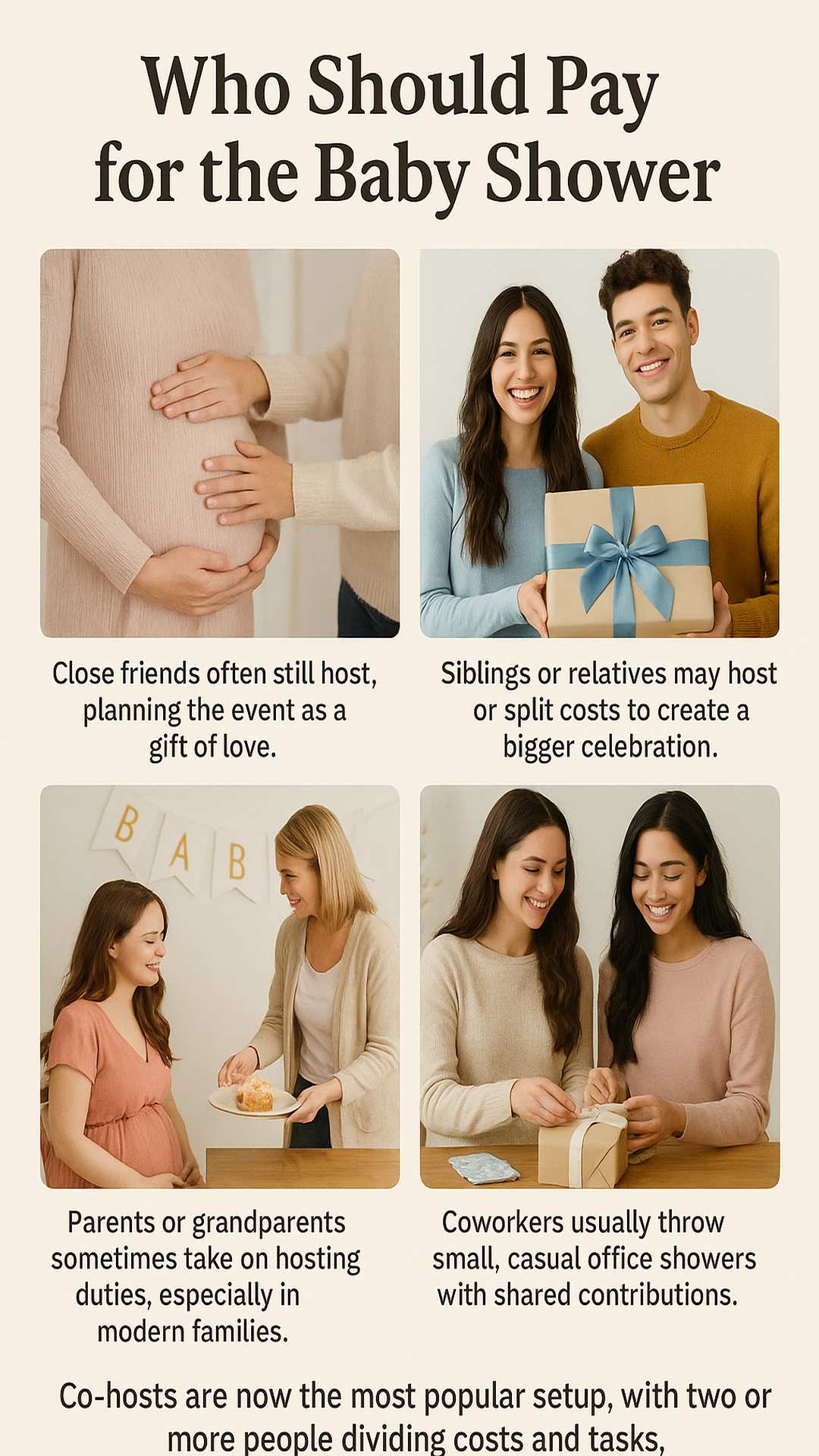 Informative baby shower etiquette guide explaining who should pay for the baby shower, including friends, family, and coworkers sharing hosting responsibilities