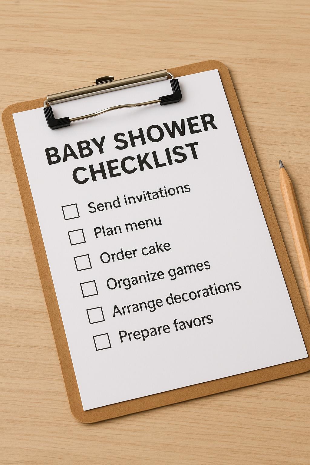 Baby shower checklist on a clipboard with a pencil showing tasks like send invitations, plan menu, and organize games