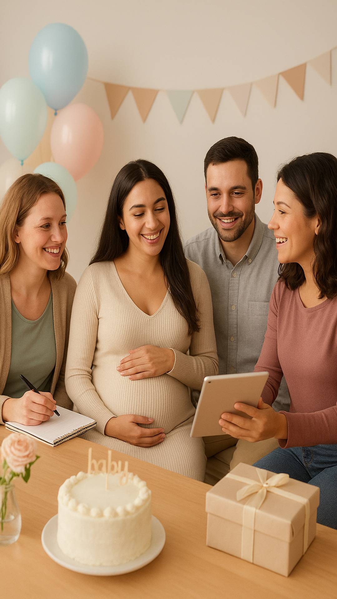 Happy baby shower celebration with expecting parents and friends gathered around a table with cake, gift box, and decorations