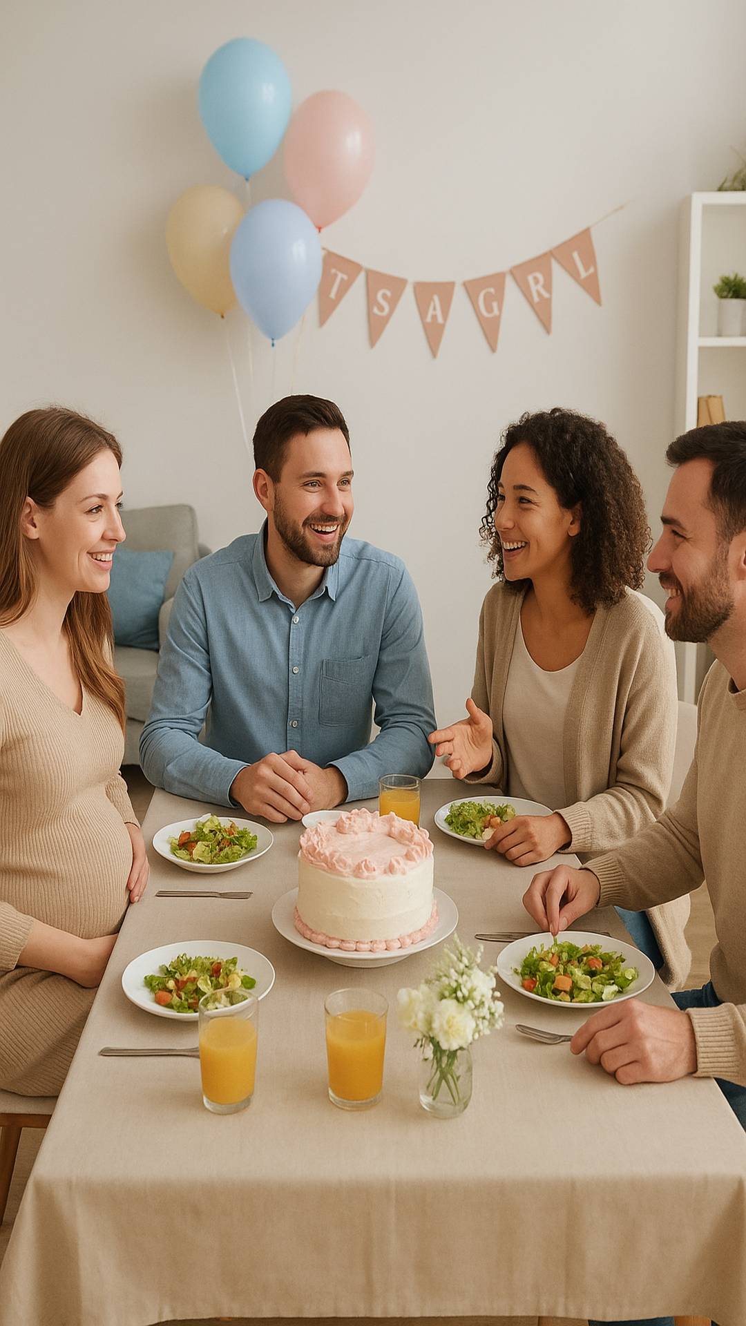 Friends celebrating a baby shower with the expecting mother, sharing a meal and cake at a decorated table with balloons and a “It’s a girl” banner.